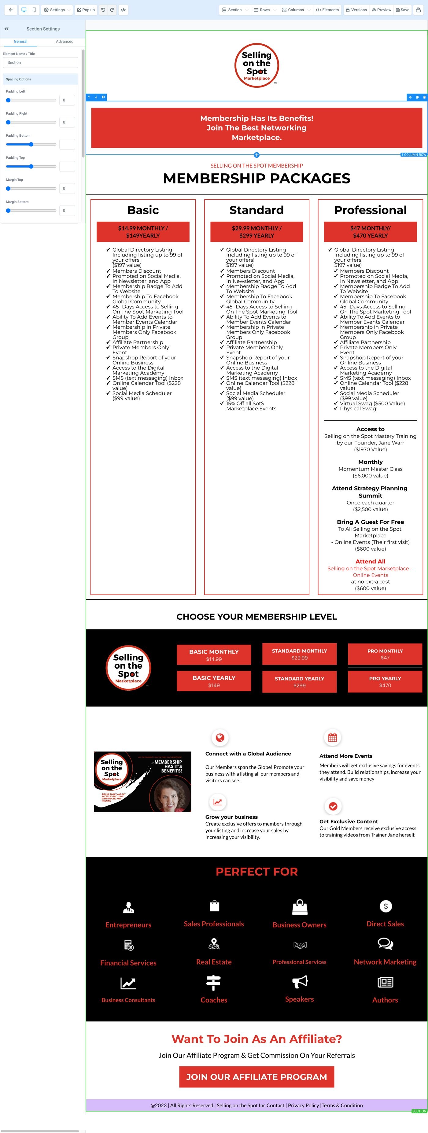 Membership pricing funnel page built in a page builder