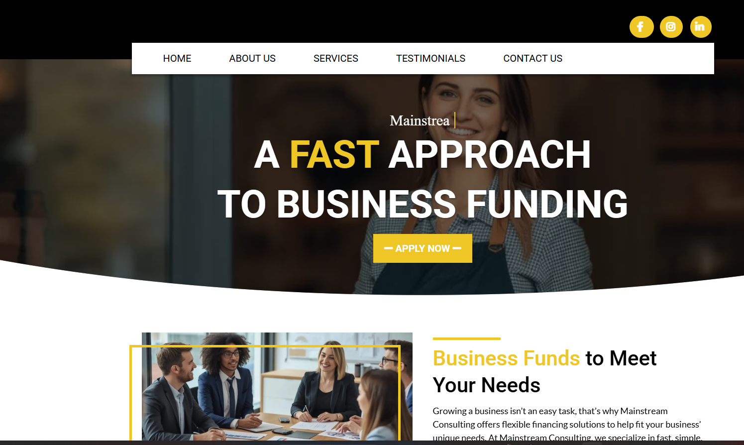 Business funding website homepage designed and managed for a consulting client