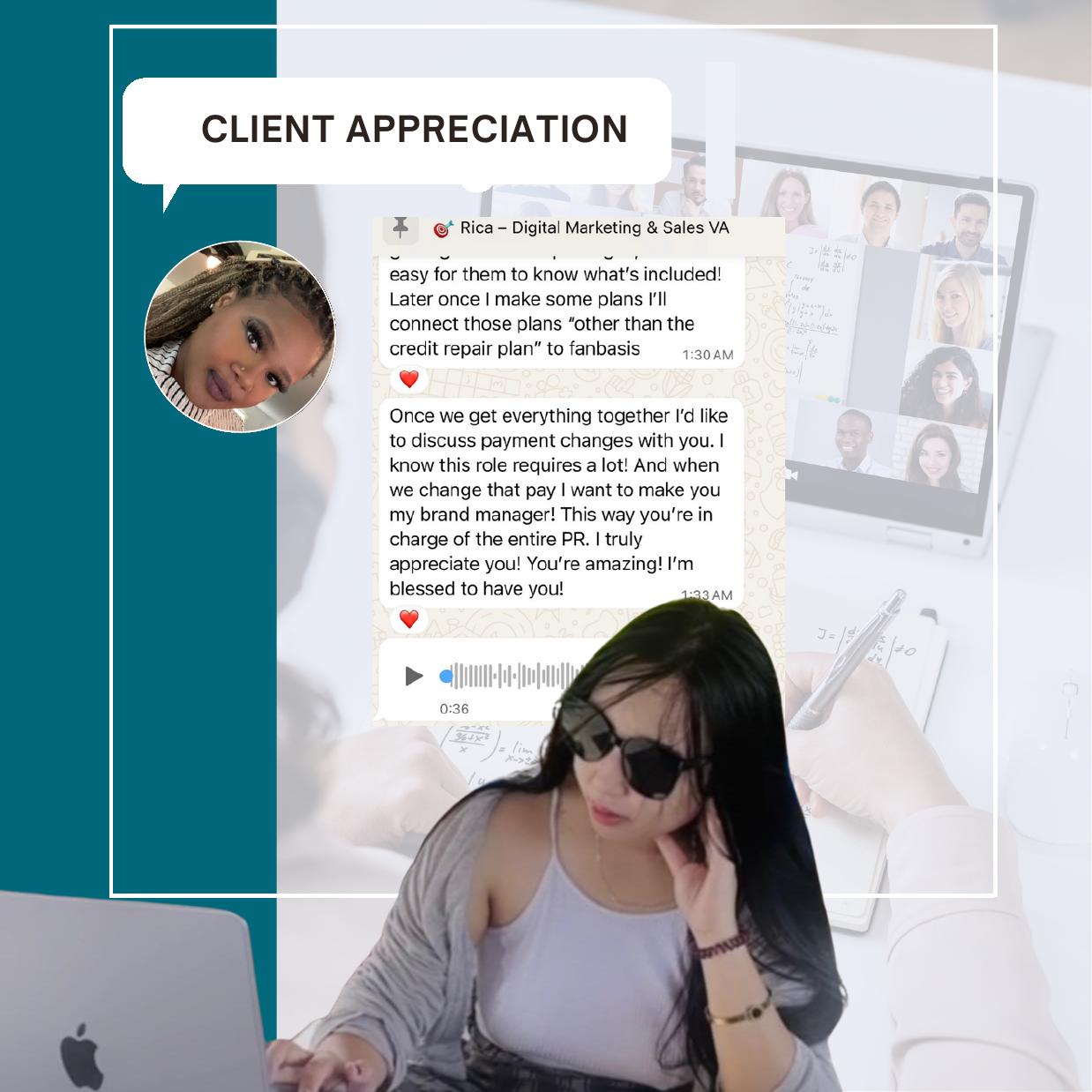 Client appreciation message for Rica Estares, Credit repair and coaching brand