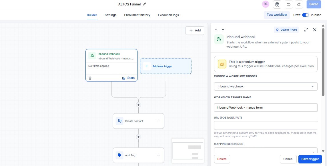 Inbound webhook automation creating contacts and tags