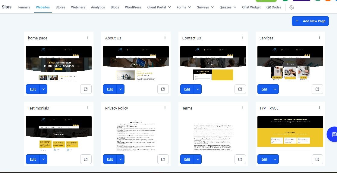 Multi page website project built inside a funnel builder dashboard